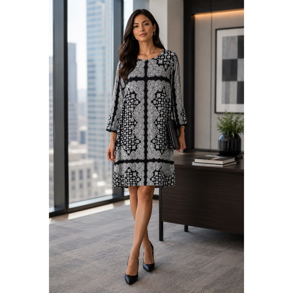 Chico's Black White Medallion Paisley Shift Dress Split Ladder Sleeve Size 2 L